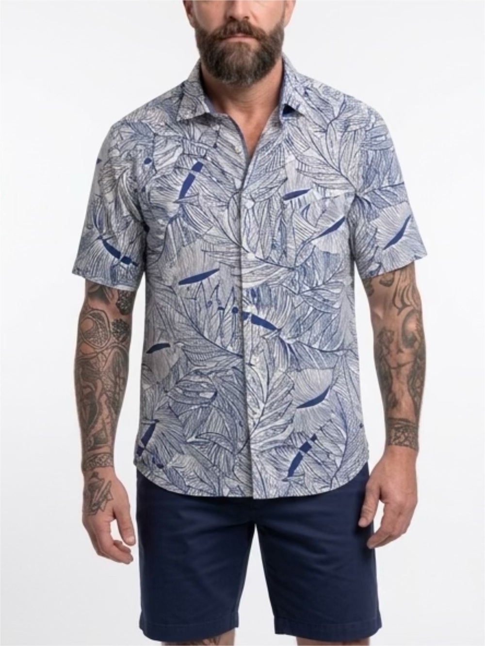 Tommy Bahama Nova WaveMen's Short Sleeve Leaf-Print Button-Up Shirt - Blue/White